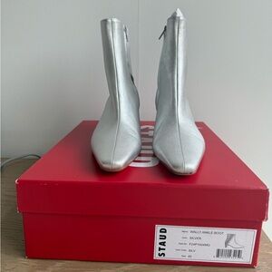 STAUD Metallic Silver Ankle Booties